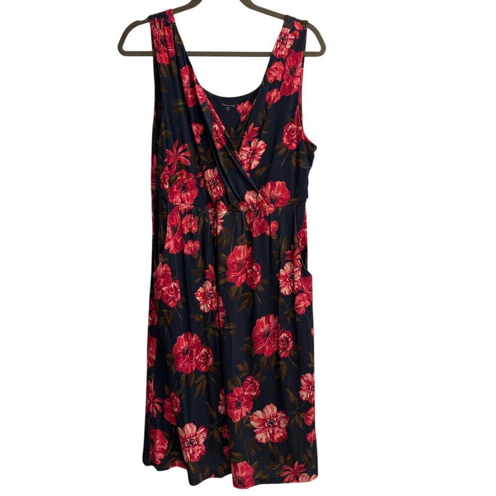 Garnet Hill Size Large Midi Length Navy Dress Red Pink Flowers